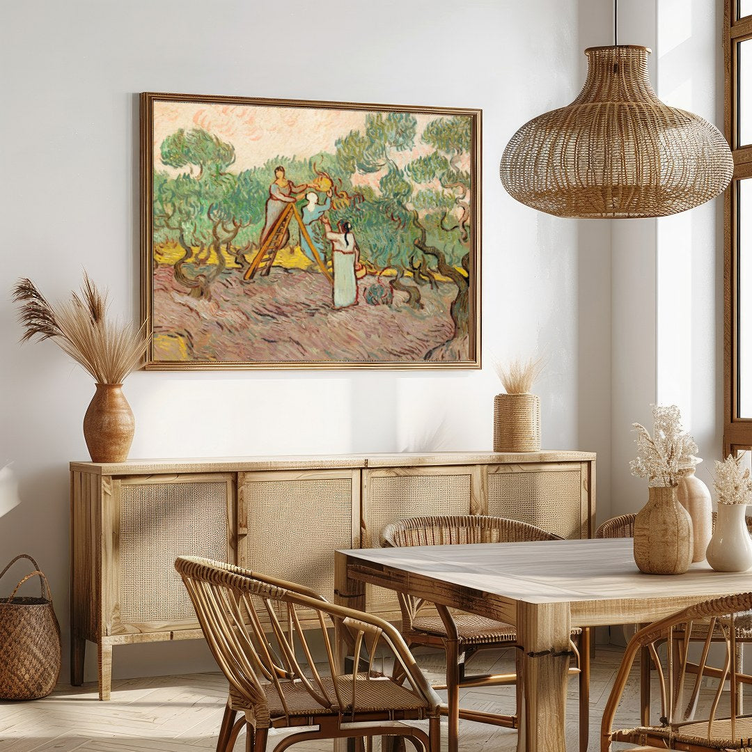 Immerse yourself in the gentle beauty of this pastoral scene depicting figures amidst swirling for Dining