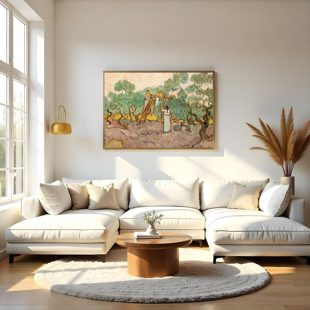 Immerse yourself in the gentle beauty of this pastoral scene depicting figures amidst swirling for Living Room