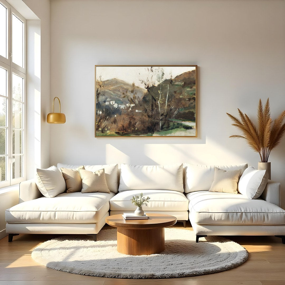 Discover tranquility with this sublime landscape art piece, capturing the earthy essence of a for Living Room