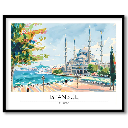 Capture the tranquility of Istanbul's seaside charm with this vibrant artwork featuring a majestic for abode