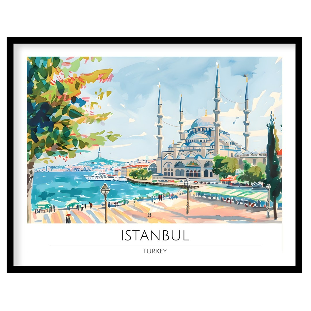 Capture the tranquility of Istanbul's seaside charm with this vibrant artwork featuring a majestic for abode