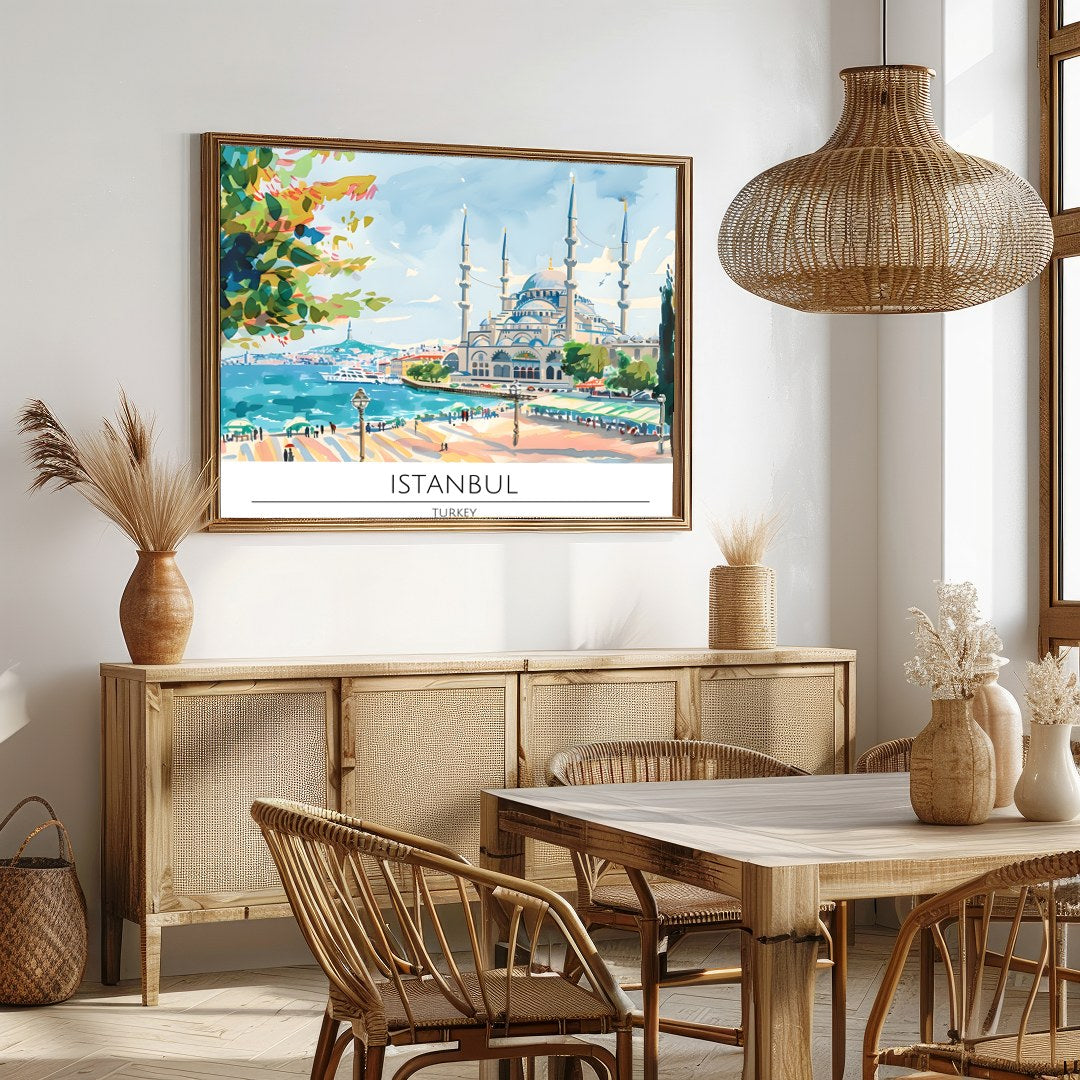 Capture the tranquility of Istanbul's seaside charm with this vibrant artwork featuring a majestic for Dining