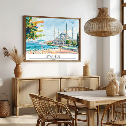 Capture the tranquility of Istanbul's seaside charm with this vibrant artwork featuring a majestic for Dining