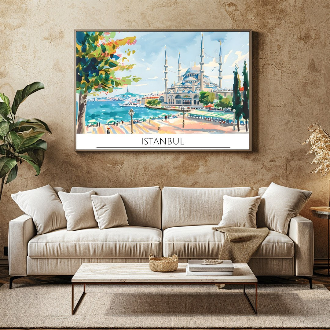 Capture the tranquility of Istanbul's seaside charm with this vibrant artwork featuring a majestic for Family Room