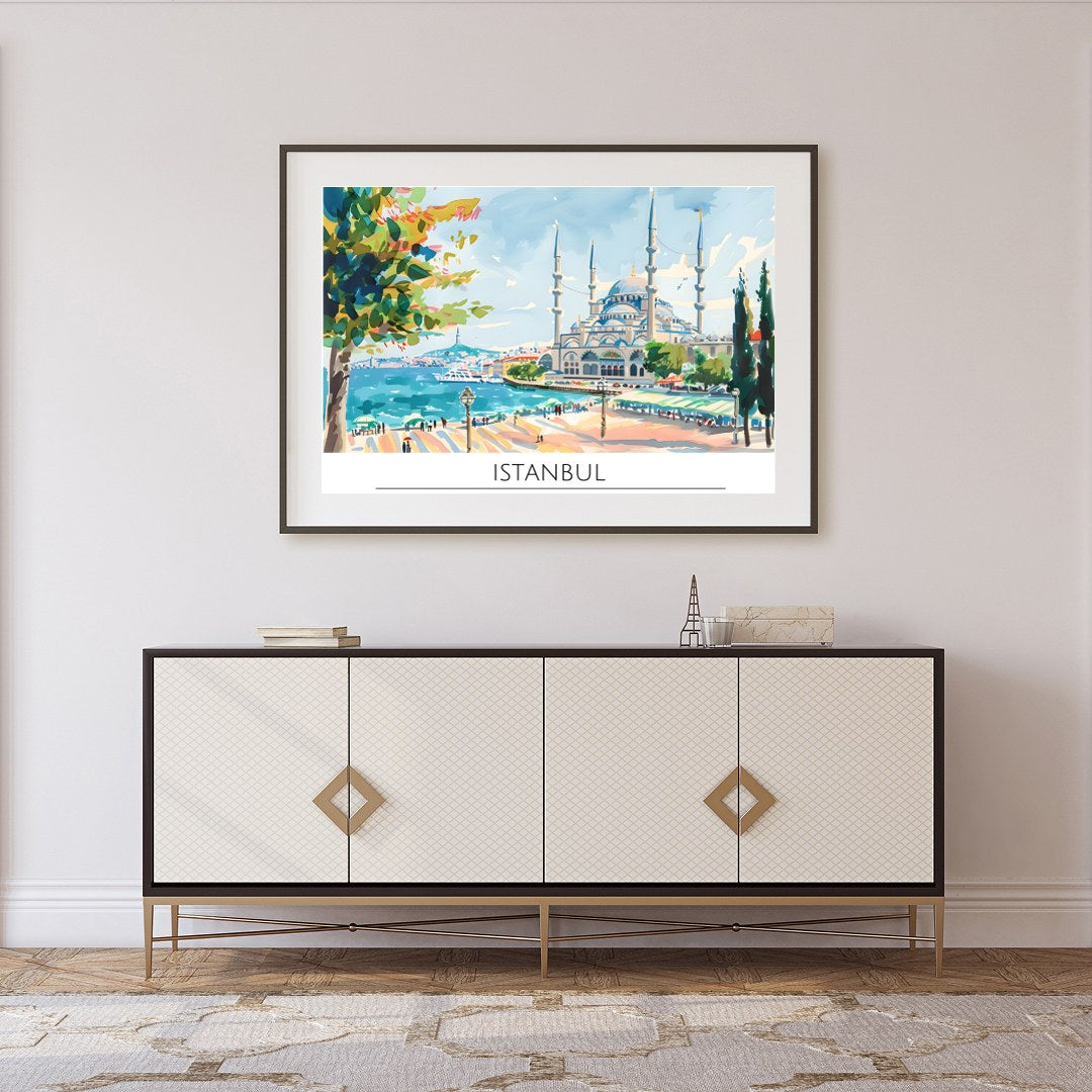 Capture the tranquility of Istanbul's seaside charm with this vibrant artwork featuring a majestic for Foyer
