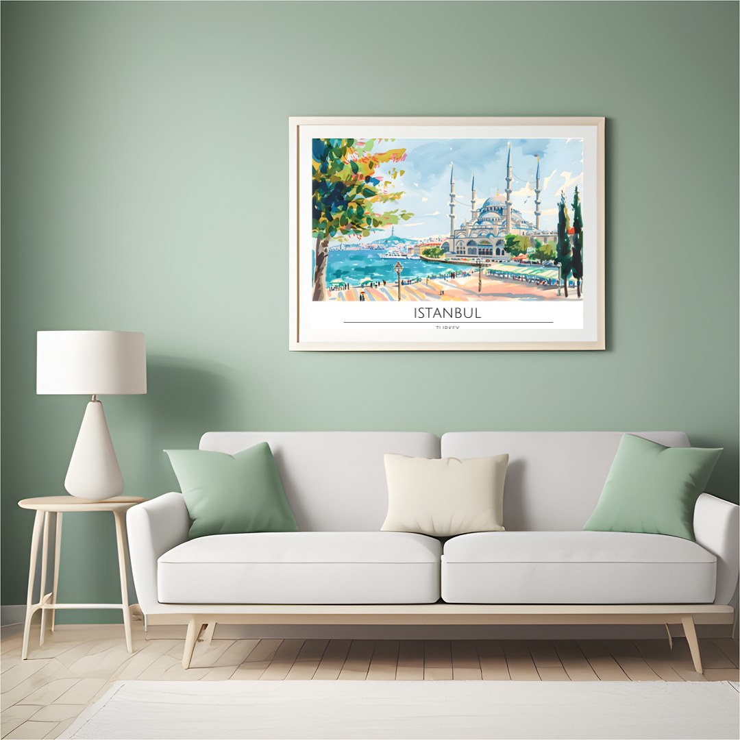 Capture the tranquility of Istanbul's seaside charm with this vibrant artwork featuring a majestic for Hall