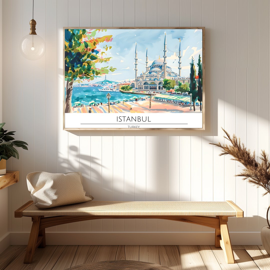 Capture the tranquility of Istanbul's seaside charm with this vibrant artwork featuring a majestic for Hallway