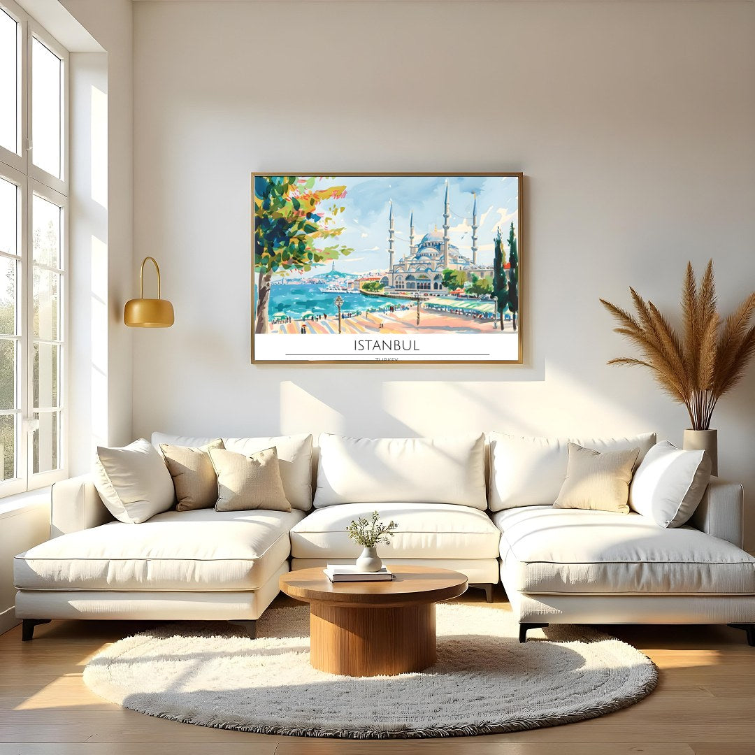 Capture the tranquility of Istanbul's seaside charm with this vibrant artwork featuring a majestic for Living Room