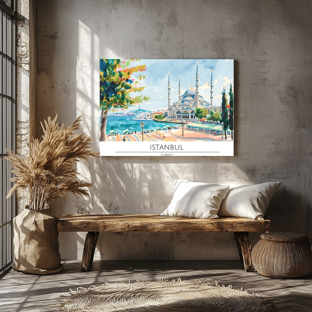 Capture the tranquility of Istanbul's seaside charm with this vibrant artwork featuring a majestic for Veranda