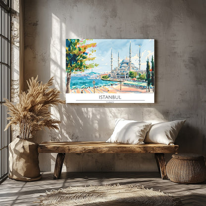 Capture the tranquility of Istanbul's seaside charm with this vibrant artwork featuring a majestic for Veranda