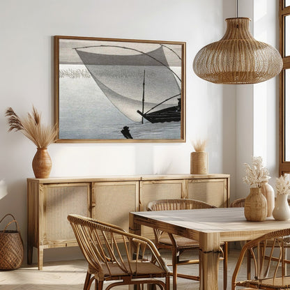 Experience tranquility with this exquisite artwork depicting a serene Japanese fishing scene. The for Dining