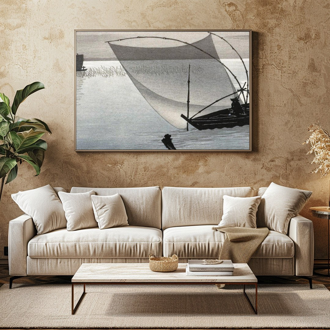 Experience tranquility with this exquisite artwork depicting a serene Japanese fishing scene. The for Family Room