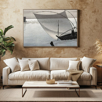 Experience tranquility with this exquisite artwork depicting a serene Japanese fishing scene. The for Family Room