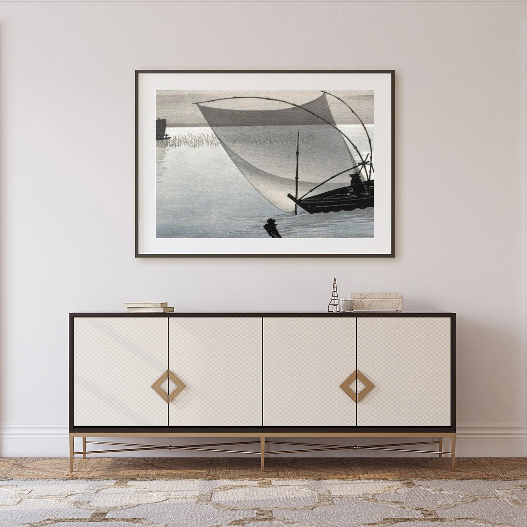 Experience tranquility with this exquisite artwork depicting a serene Japanese fishing scene. The for Foyer