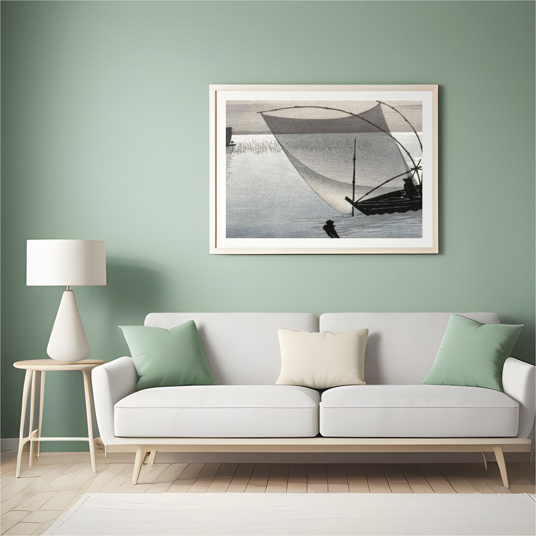 Experience tranquility with this exquisite artwork depicting a serene Japanese fishing scene. The for Hall
