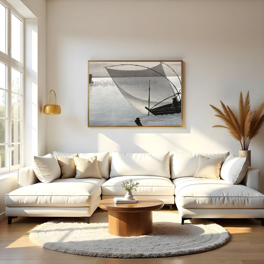 Experience tranquility with this exquisite artwork depicting a serene Japanese fishing scene. The for Living Room