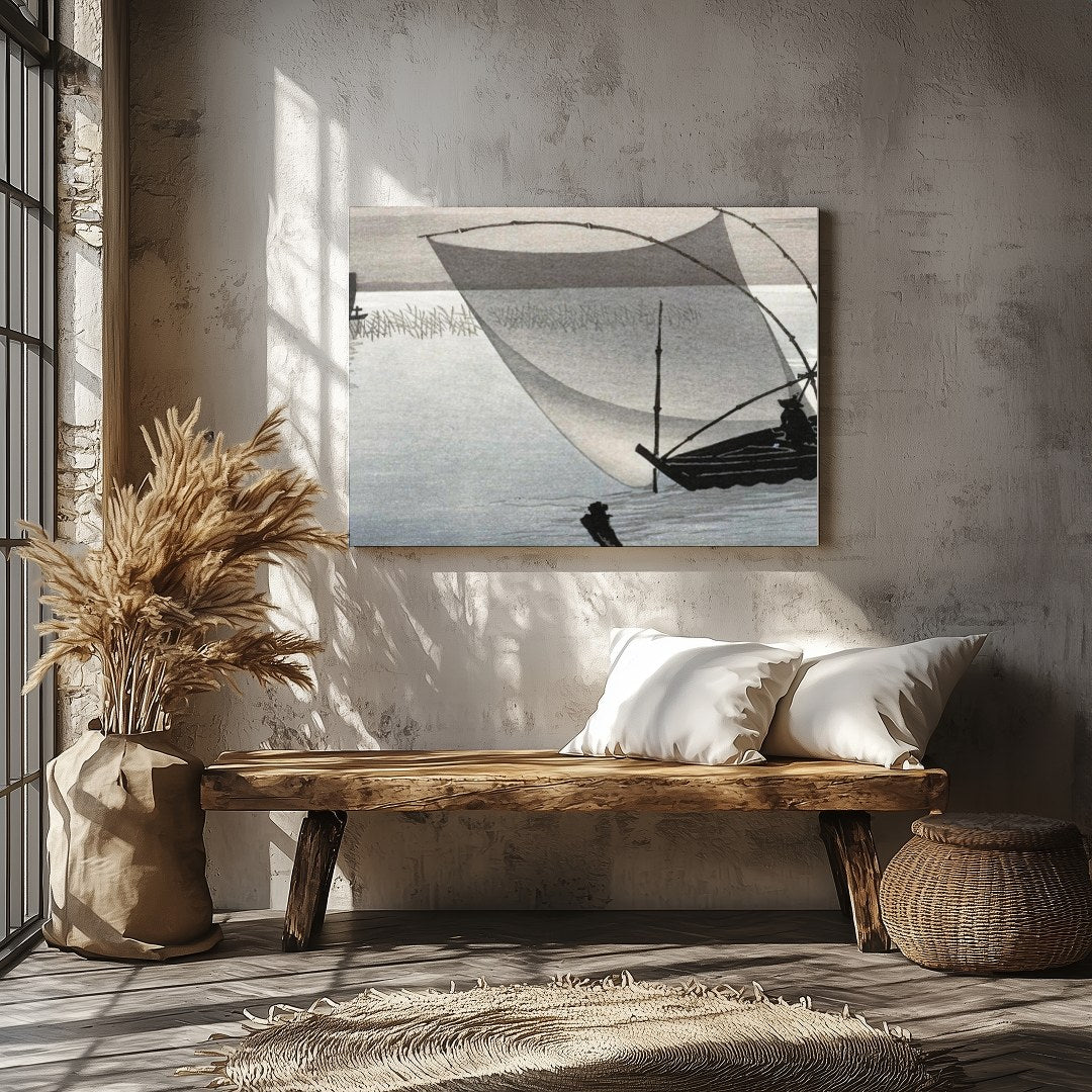 Experience tranquility with this exquisite artwork depicting a serene Japanese fishing scene. The for Veranda
