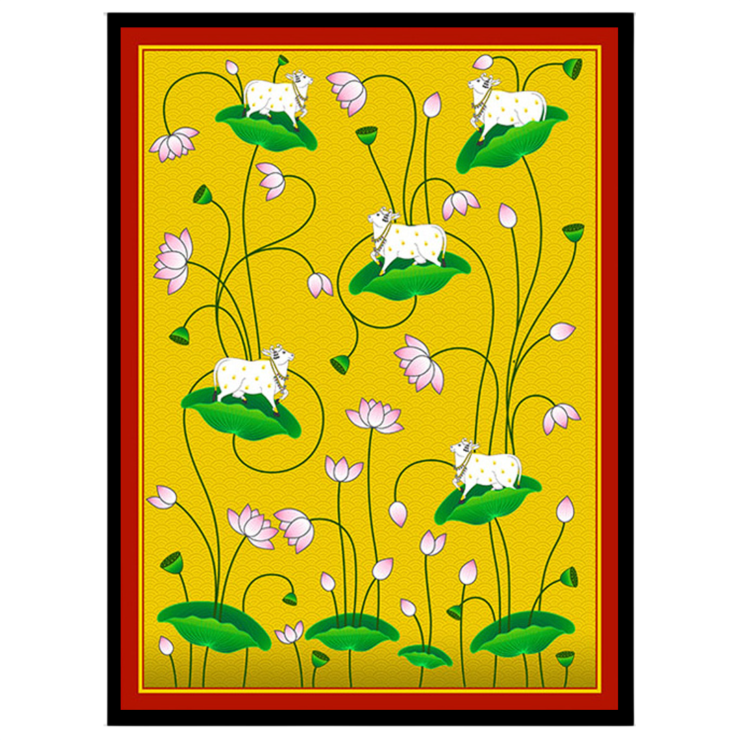 Immerse yourself in the tranquility of the Kamdhenu cows gracefully poised on lush lotus leaves for abode