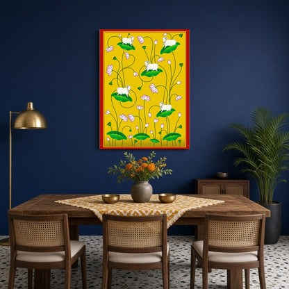 Immerse yourself in the tranquility of the Kamdhenu cows gracefully poised on lush lotus leaves for Dining