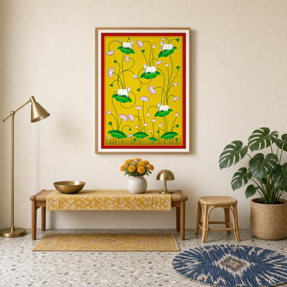 Immerse yourself in the tranquility of the Kamdhenu cows gracefully poised on lush lotus leaves for Entrance