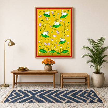 Immerse yourself in the tranquility of the Kamdhenu cows gracefully poised on lush lotus leaves for Hallway