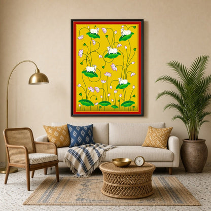 Immerse yourself in the tranquility of the Kamdhenu cows gracefully poised on lush lotus leaves for Living Room