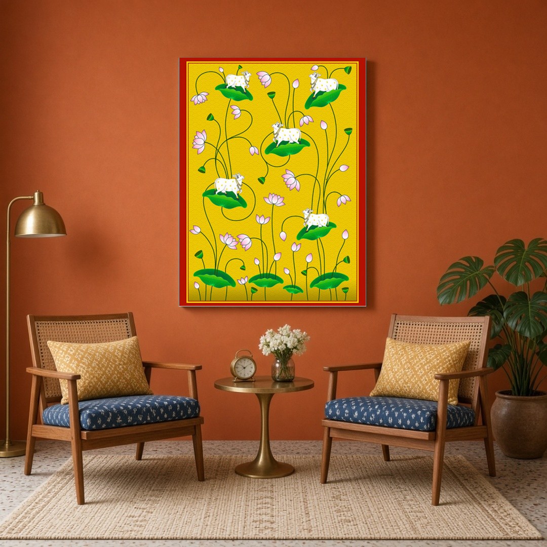 Immerse yourself in the tranquility of the Kamdhenu cows gracefully poised on lush lotus leaves for Sitting Area