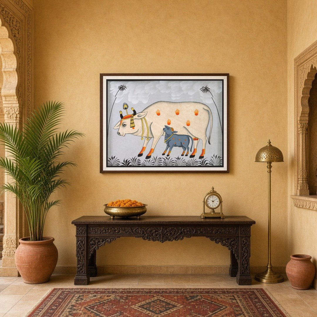 This captivating Pichwai artwork beautifully portrays Kamdhenu with her calf amidst a tranquil for Entrance