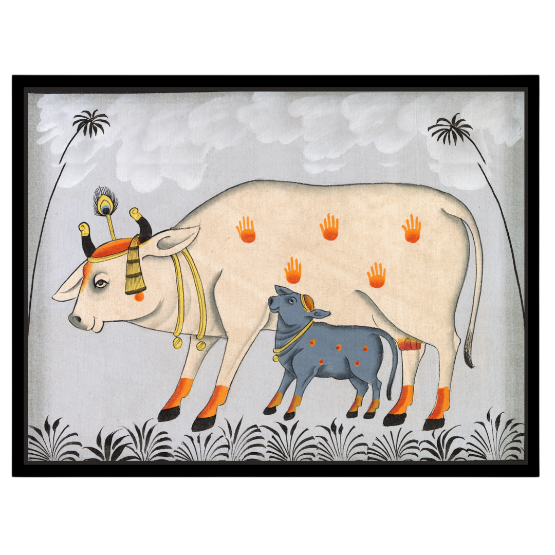 This captivating Pichwai artwork beautifully portrays Kamdhenu with her calf amidst a tranquil for interior