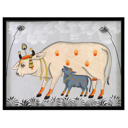 This captivating Pichwai artwork beautifully portrays Kamdhenu with her calf amidst a tranquil for interior
