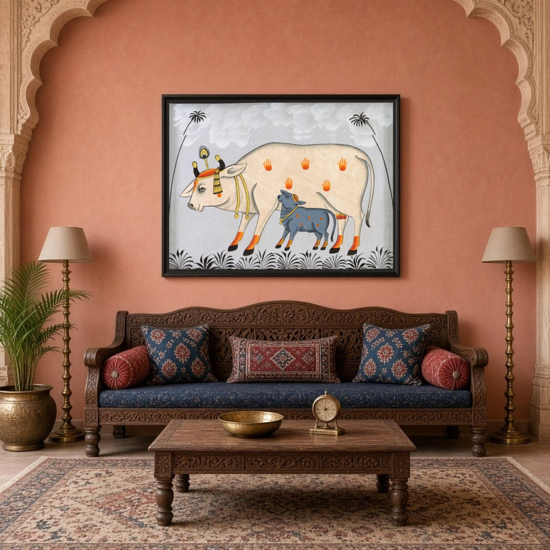 This captivating Pichwai artwork beautifully portrays Kamdhenu with her calf amidst a tranquil for Living Room