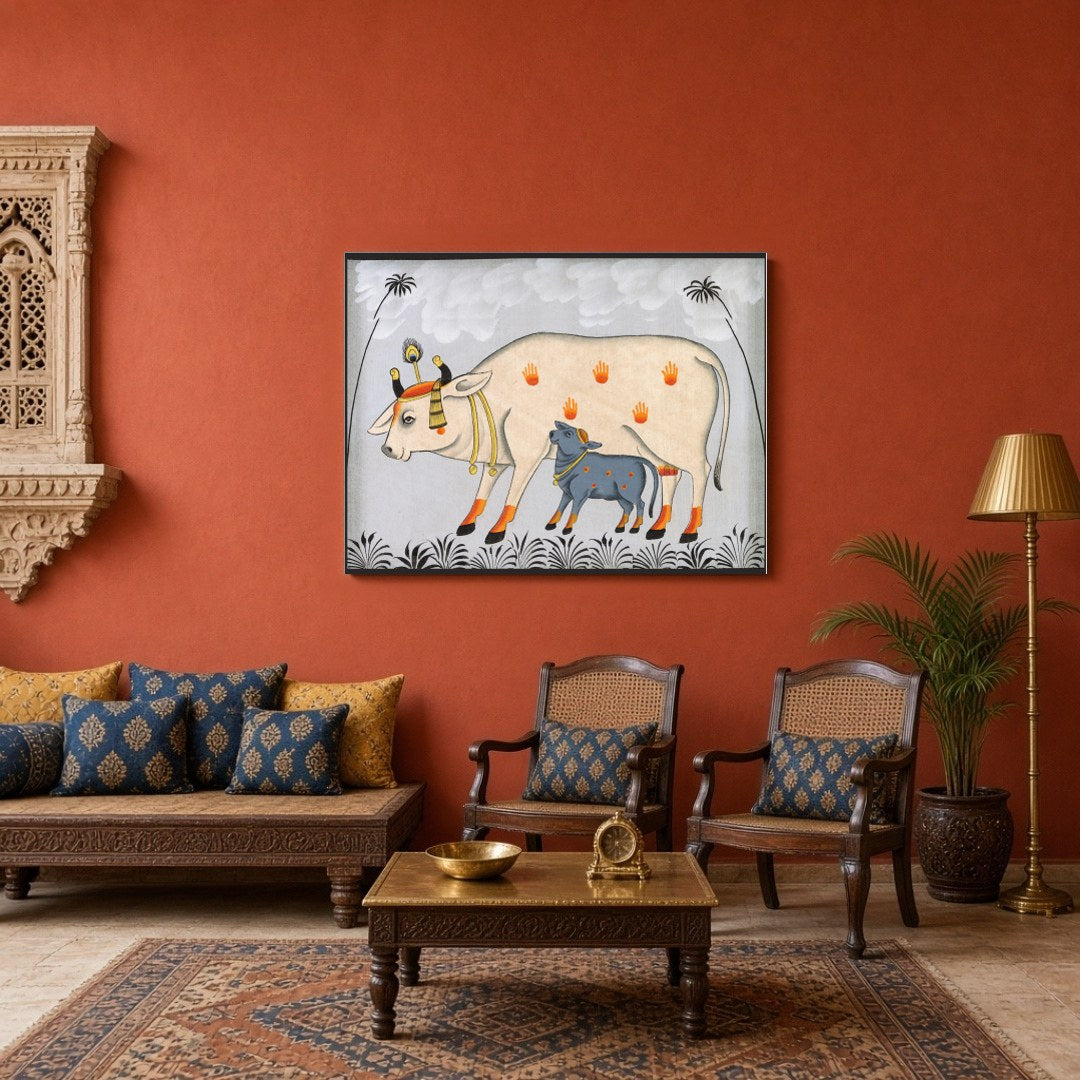 This captivating Pichwai artwork beautifully portrays Kamdhenu with her calf amidst a tranquil for Sitting Area
