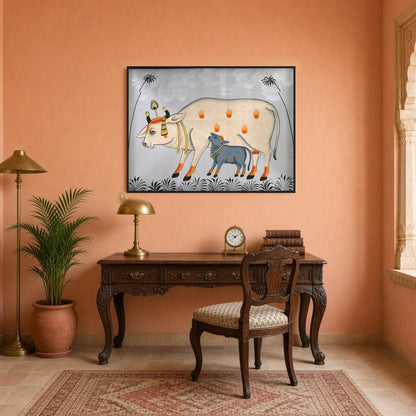 This captivating Pichwai artwork beautifully portrays Kamdhenu with her calf amidst a tranquil for Study