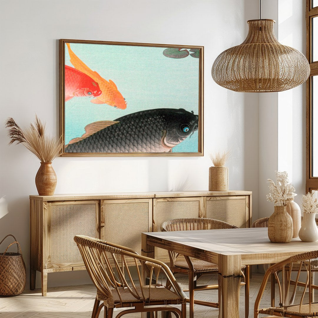Experience tranquility with this exquisite wall art featuring graceful koi fish swimming in for Dining