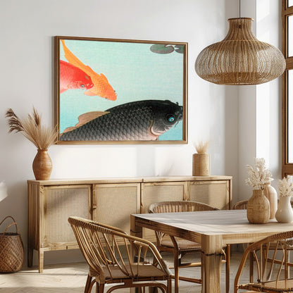 Experience tranquility with this exquisite wall art featuring graceful koi fish swimming in for Dining