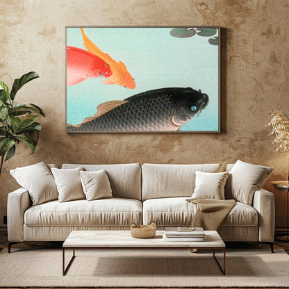 Experience tranquility with this exquisite wall art featuring graceful koi fish swimming in for Family Room