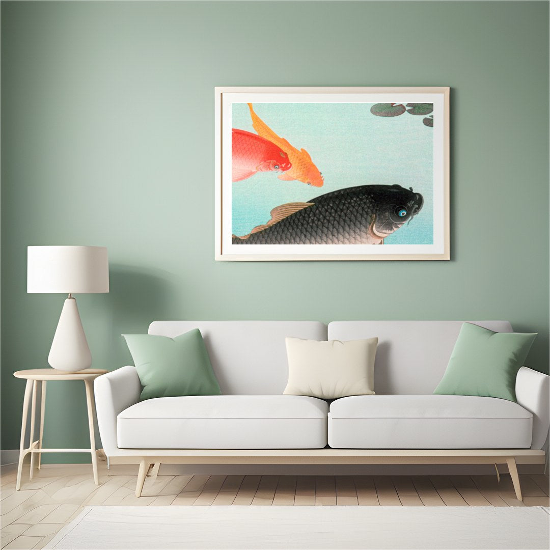 Experience tranquility with this exquisite wall art featuring graceful koi fish swimming in for Hall