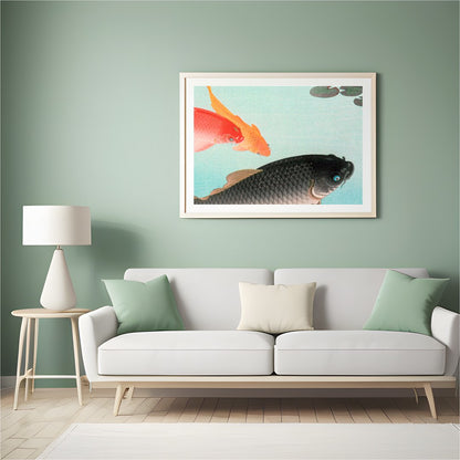 Experience tranquility with this exquisite wall art featuring graceful koi fish swimming in for Hall