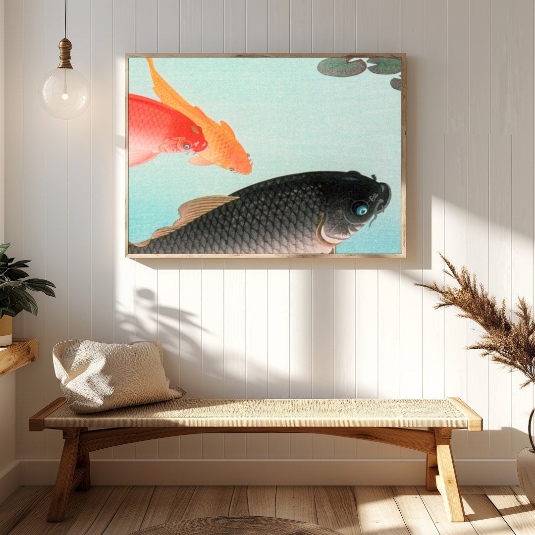 Experience tranquility with this exquisite wall art featuring graceful koi fish swimming in for Hallway