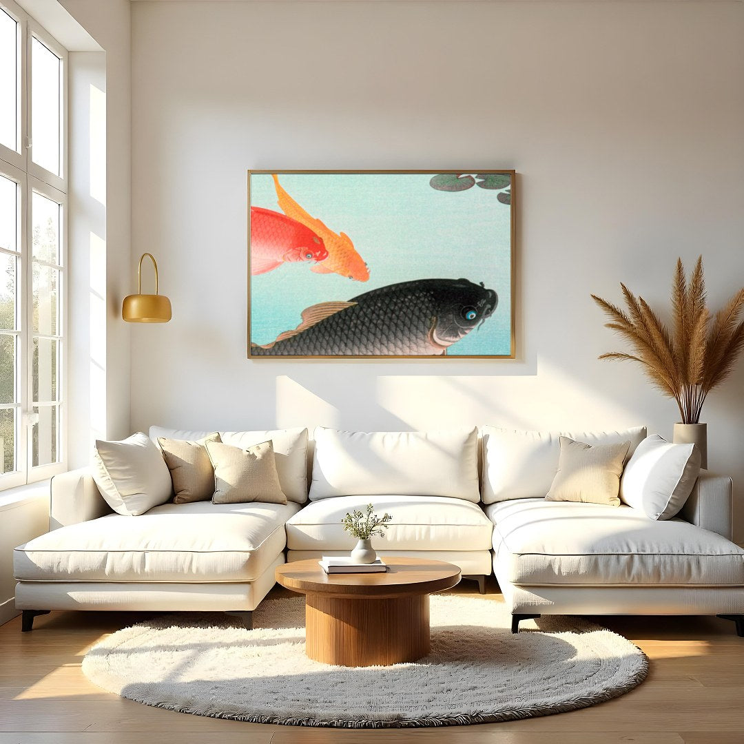 Experience tranquility with this exquisite wall art featuring graceful koi fish swimming in for Living Room
