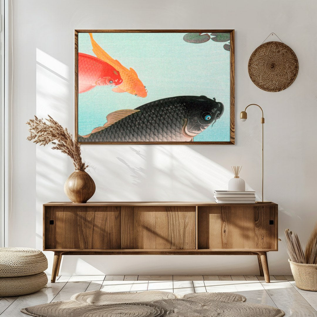 Experience tranquility with this exquisite wall art featuring graceful koi fish swimming in for Sitting Area