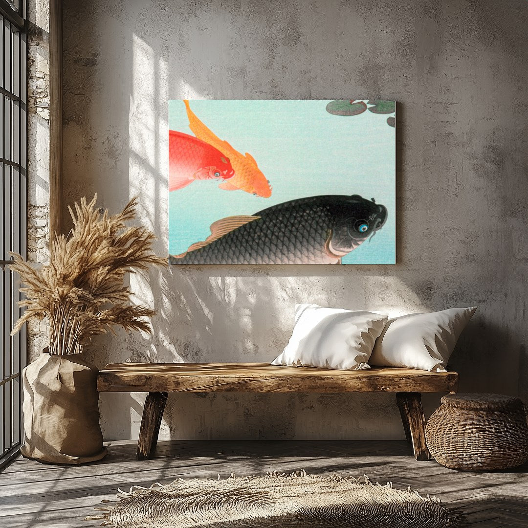 Experience tranquility with this exquisite wall art featuring graceful koi fish swimming in for Veranda