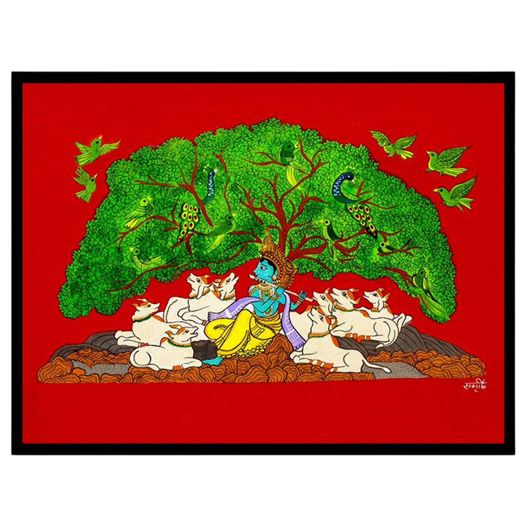 Immerse yourself in the tranquil beauty of Pichwai art with this exquisite depiction of Lord for bedroom