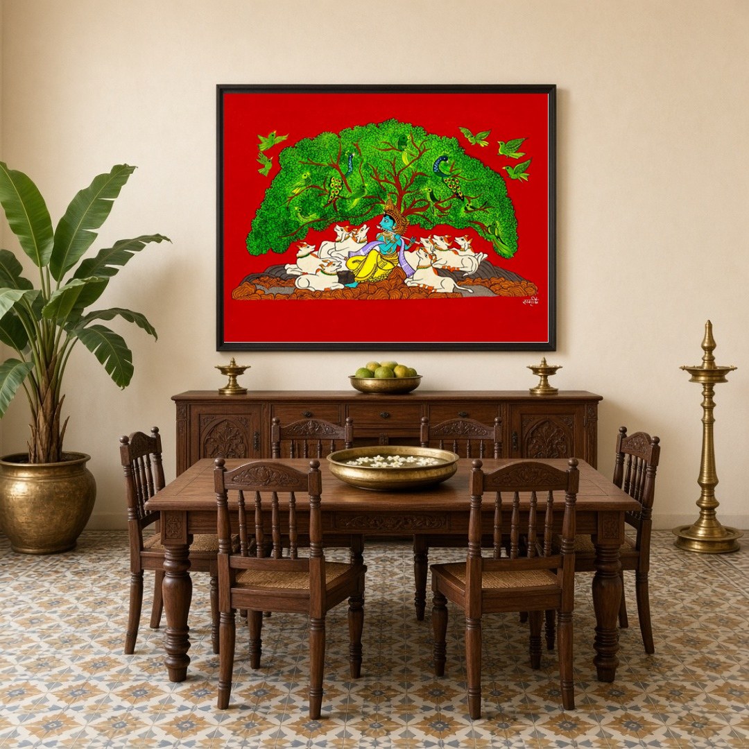 Immerse yourself in the tranquil beauty of Pichwai art with this exquisite depiction of Lord for Dining