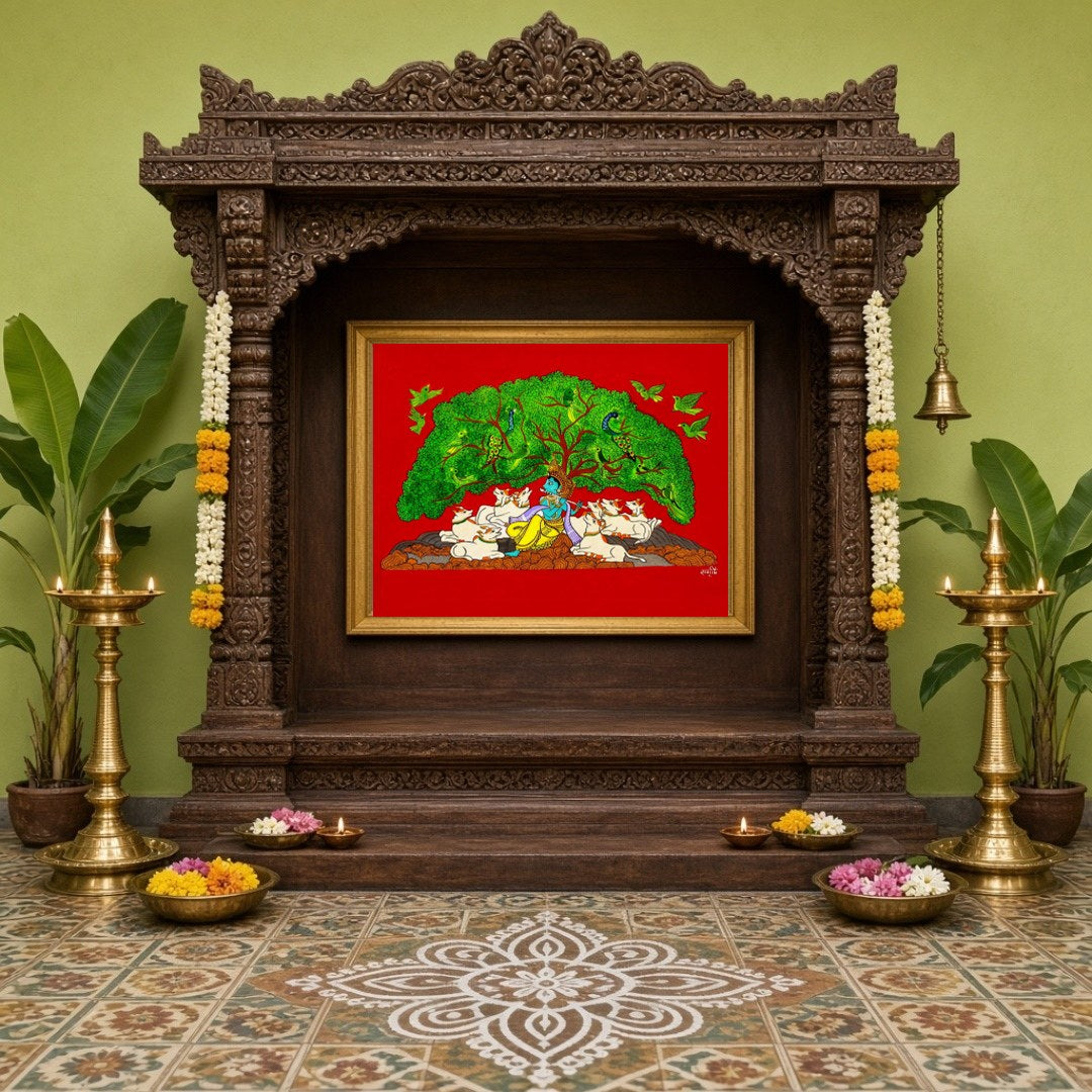 Immerse yourself in the tranquil beauty of Pichwai art with this exquisite depiction of Lord for Home Temple