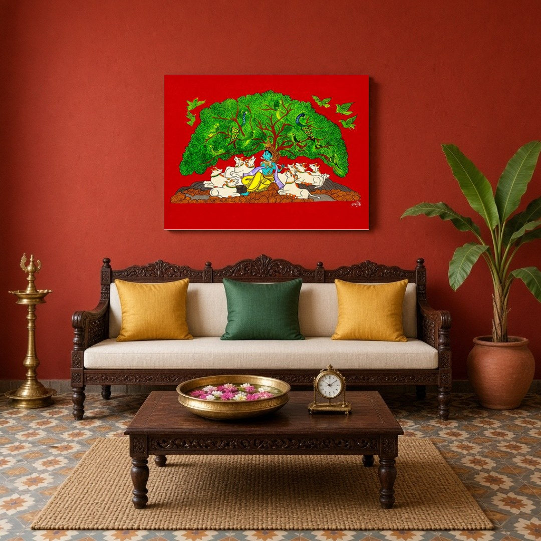 Immerse yourself in the tranquil beauty of Pichwai art with this exquisite depiction of Lord for Living Room