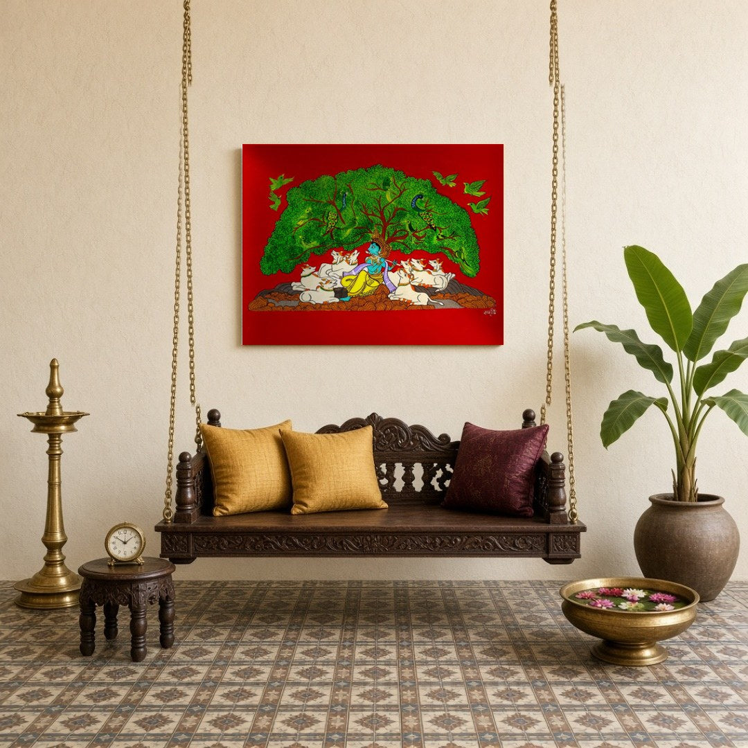 Immerse yourself in the tranquil beauty of Pichwai art with this exquisite depiction of Lord for Sitting Lounge