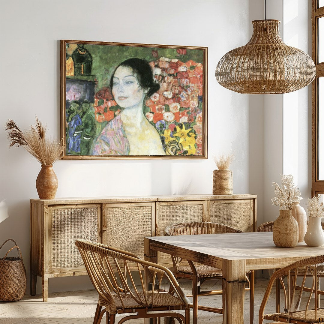 Immerse yourself in the tranquility of this stunning artwork featuring a serene woman enveloped by for Dining