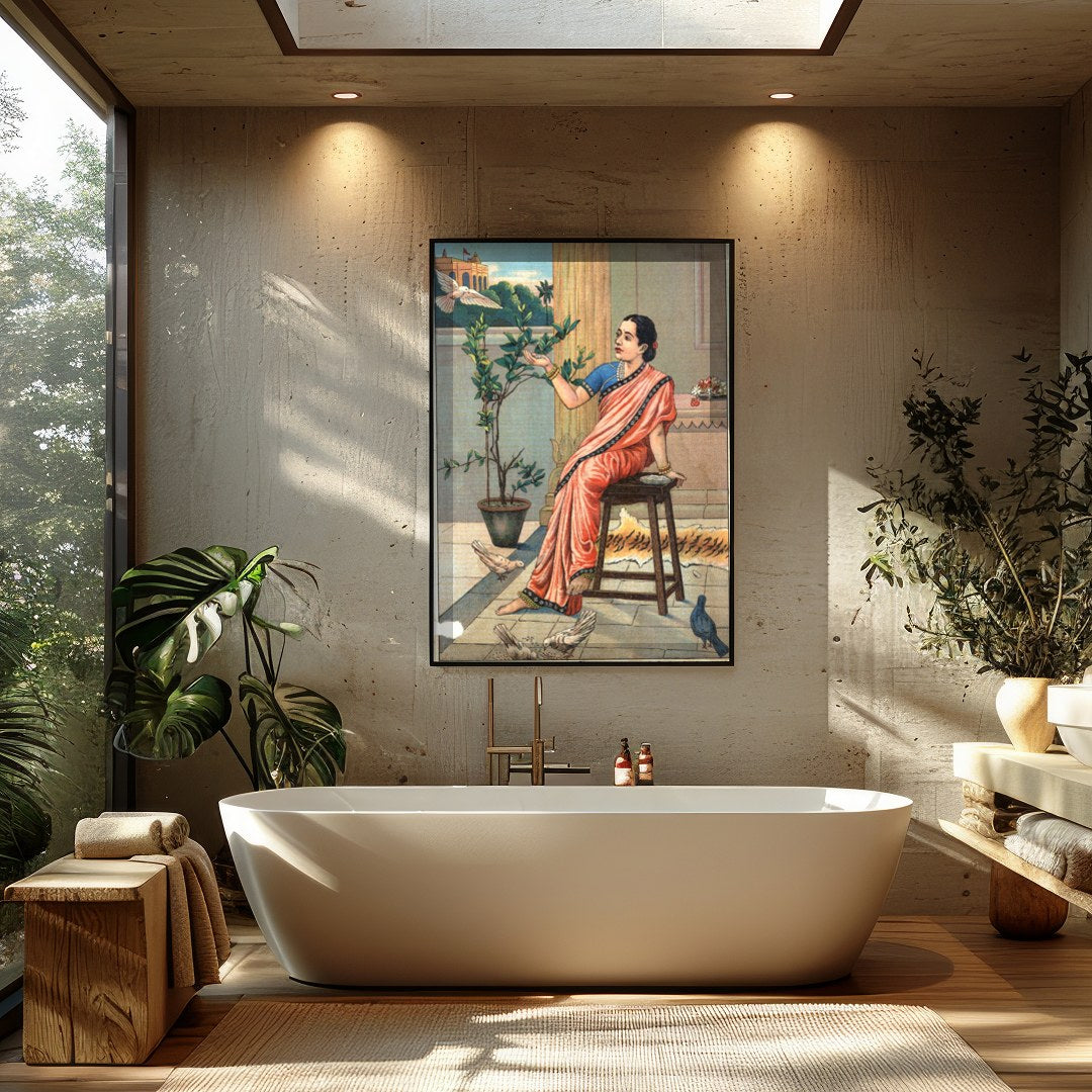 Capture the tranquil beauty of traditional Indian life with this exquisite artwork. Featuring a for Bathroom