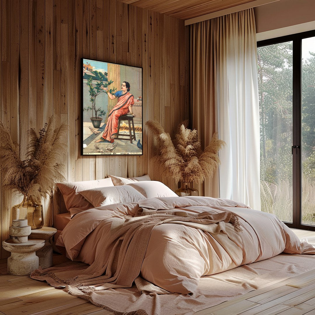 Capture the tranquil beauty of traditional Indian life with this exquisite artwork. Featuring a for Bedroom